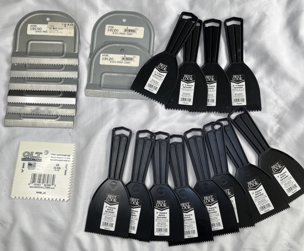 Lot of 21 ADHESIVE SPREADERS Variety Notch Shapes Square & V, 3" & 5"